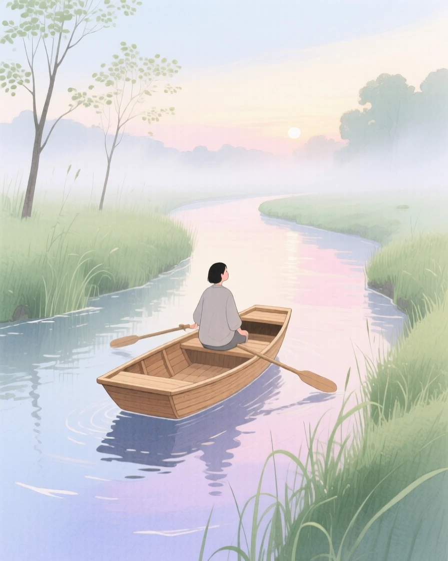 A peaceful scene of someone sailing a small wooden boat on a peaceful morning trail, fully absorbed in a quiet, joyful moment