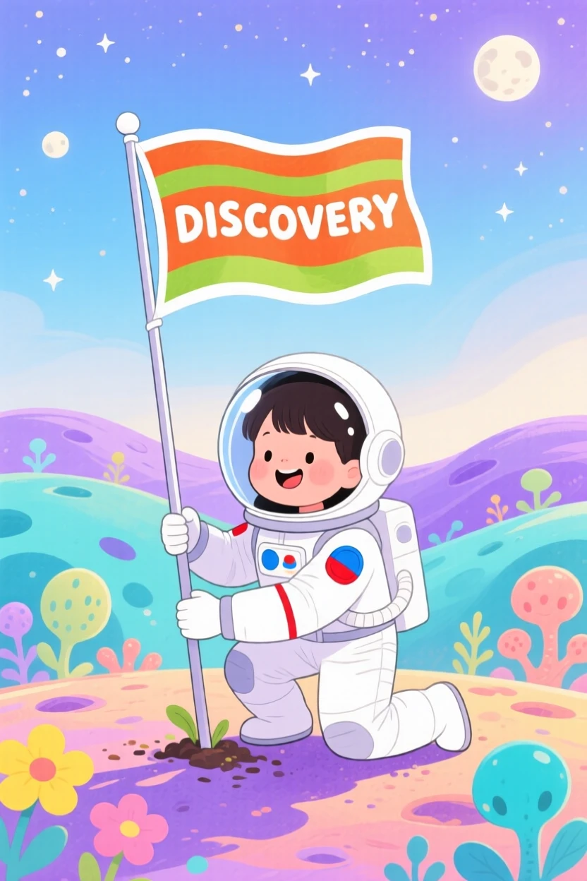 An imaginative scene of a young astronaut planting a flag on a colorful alien planet.