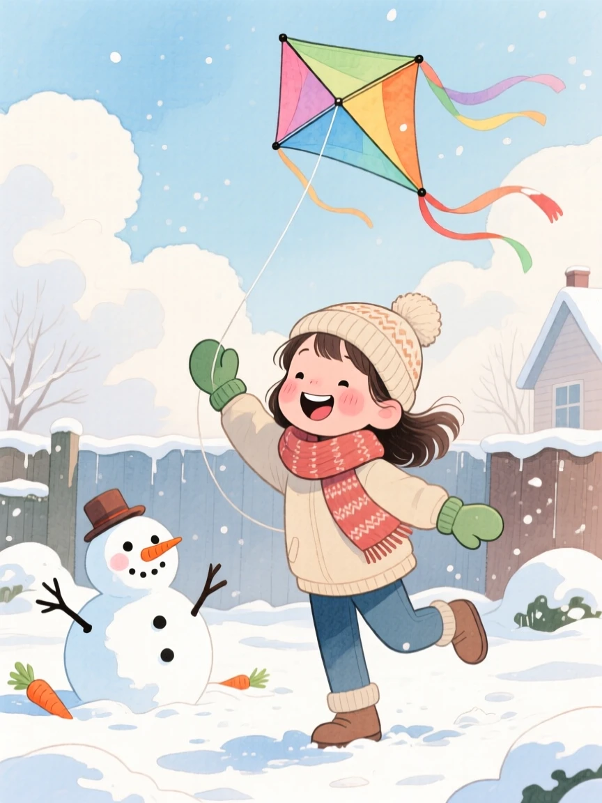A young girl with a gap-toothed smile flying a kite that dances against fluffy clouds, in a snow-covered front yard with a half-built snowman, showing the magic of a simple, joyful moment.