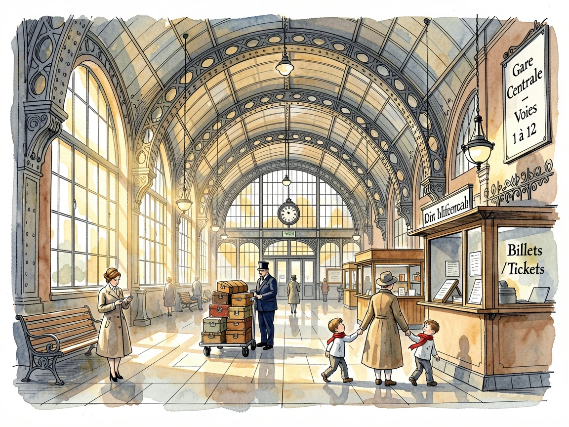 A grand European train station with iron archways and streaming light, small details of daily life scattered throughout the setting.