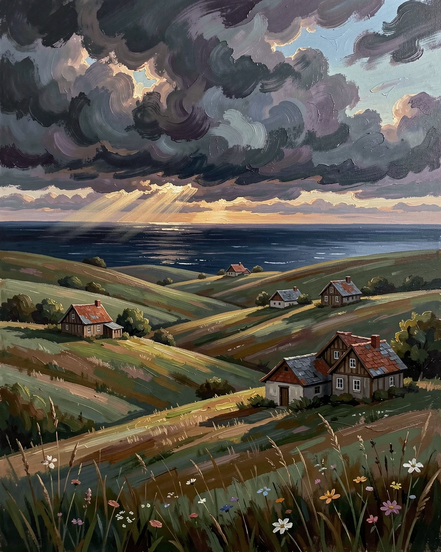 Over rolling hills dotted with scattered farmhouses, a wall of storm clouds building over the ocean, light and shadow racing quickly across the landscape, in the fading light of dusk.