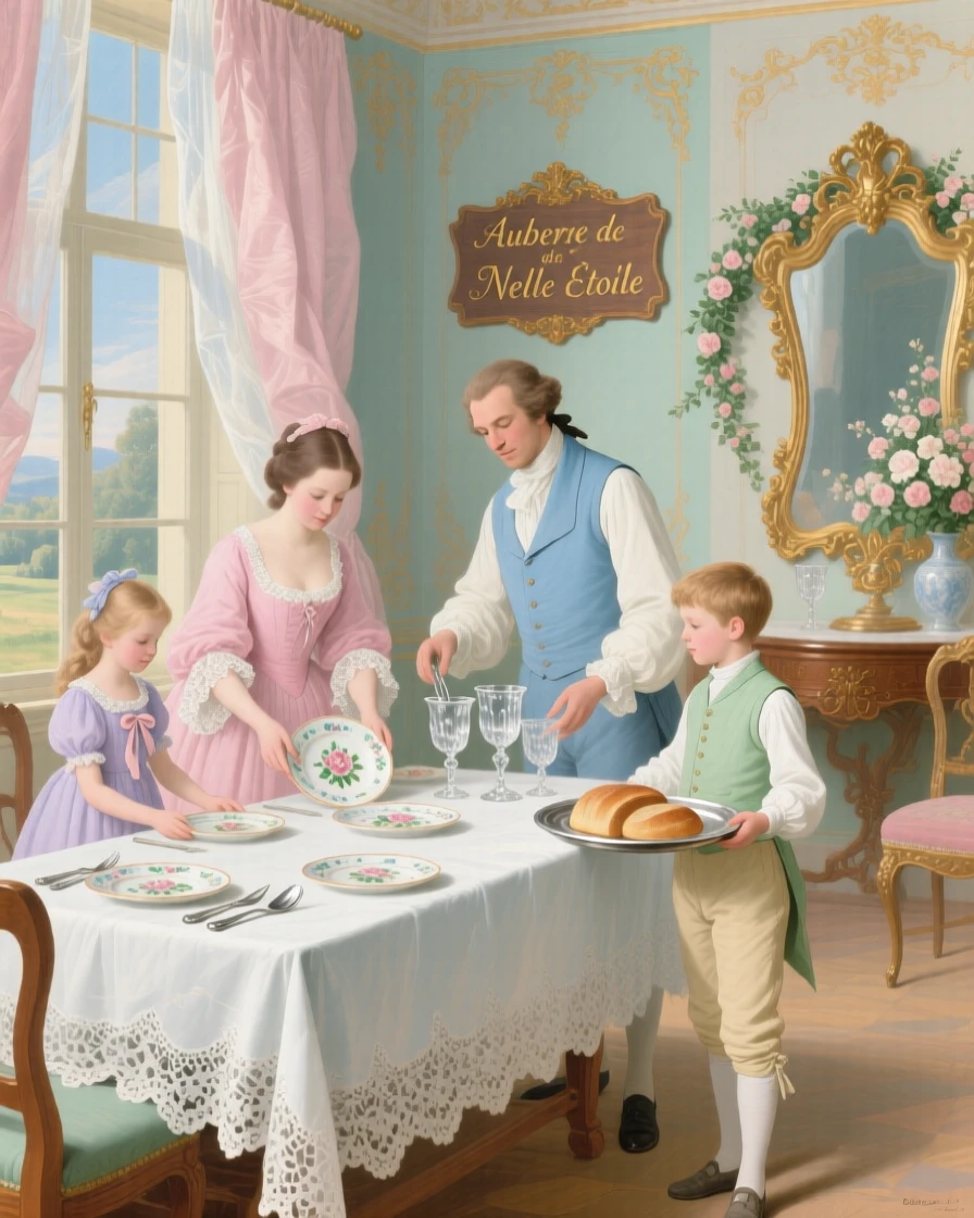 A family of innkeepers preparing a long table for traveling guests  