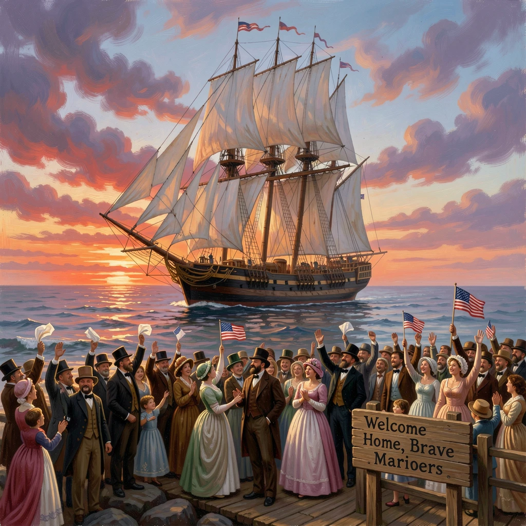 A whaling ship glides across a cheering crowd at sunset beneath a sky streaked with color.