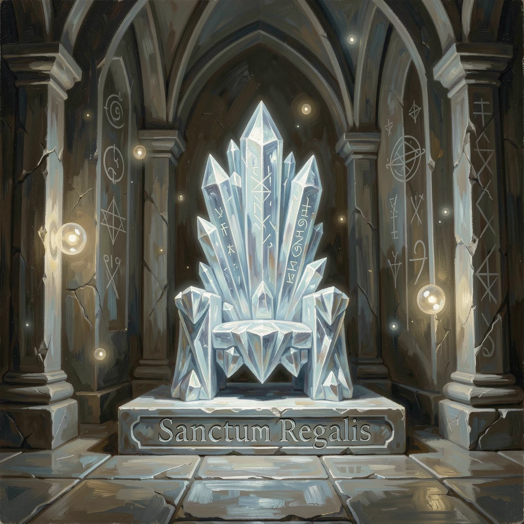 A grand throne room carved entirely from glowing crystal, as glowing magical elements illuminate the surrounding darkness, offering a breathtaking escape into a beautifully rendered fantasy world