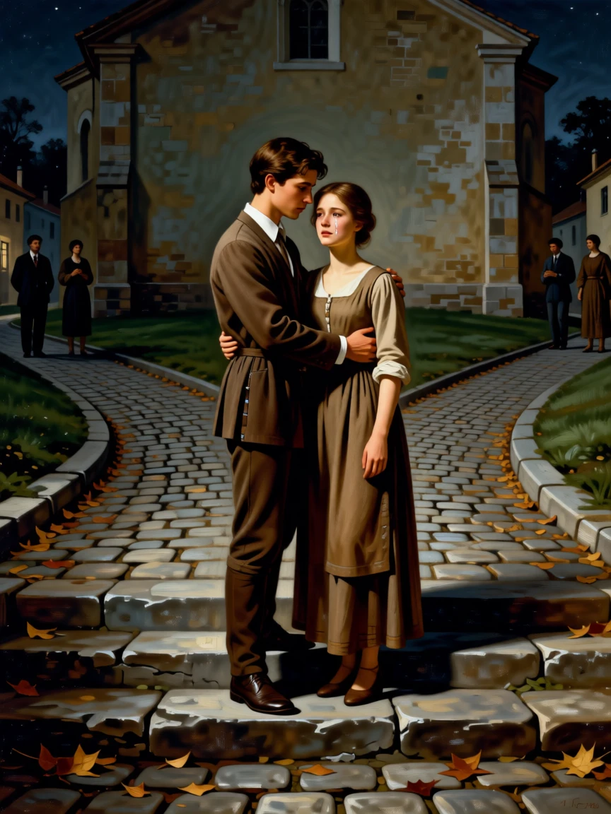 A young couple eloping under the cover of night as tears and gratitude mix in equal measure, set on the worn steps of a village church, with distant figures watching quietly from a respectful distance; converging paths in the background lead directly to the embracing pair, aching with bittersweet longing and hard-won joy.
