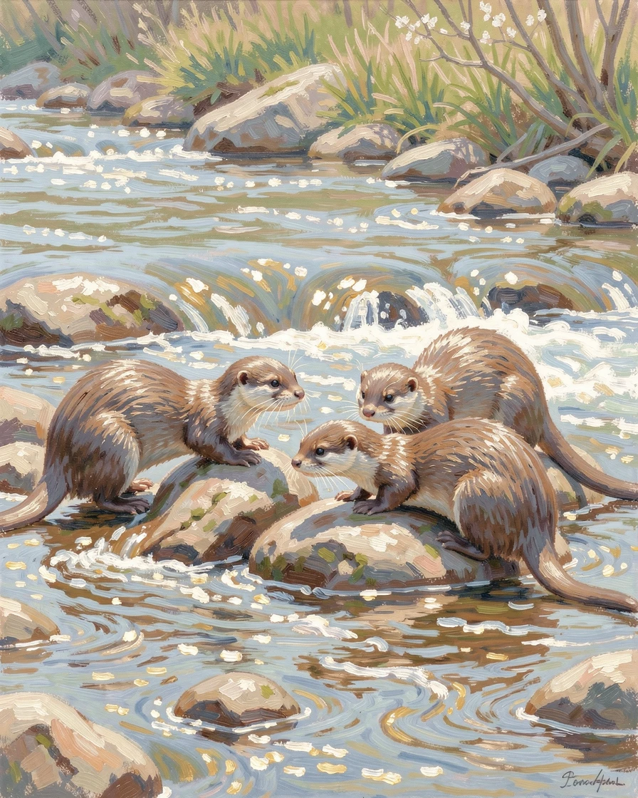 A family of otters playing on river rocks, sunlight sparkling on the rushing water around them, in early spring, capturing a fleeting moment of pure happiness.