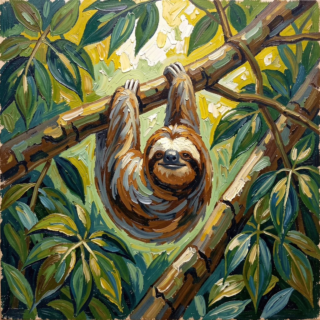 A sloth hanging lazily from a branch, framed by dense green rainforest leaves.