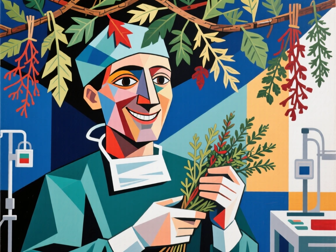A candid medium shot of a surgeon smiling gently under a canopy of drying herbs.