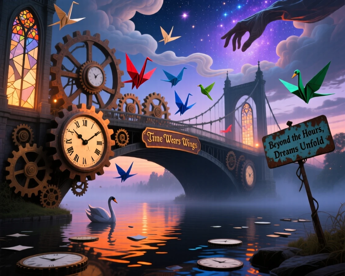 A bridge made of interlocking clock gears glows faintly from within as evening falls, while birds made of paper drift past its windows.