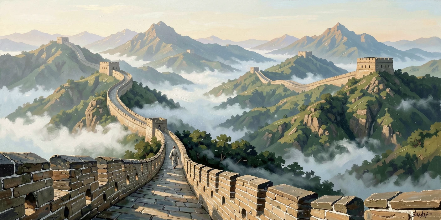 The Great Wall of China winds endlessly across misty green mountains, a lone figure walking along its ancient stone ramparts at dawn, the composition balancing grand scale with intimate, human-sized details throughout the frame.