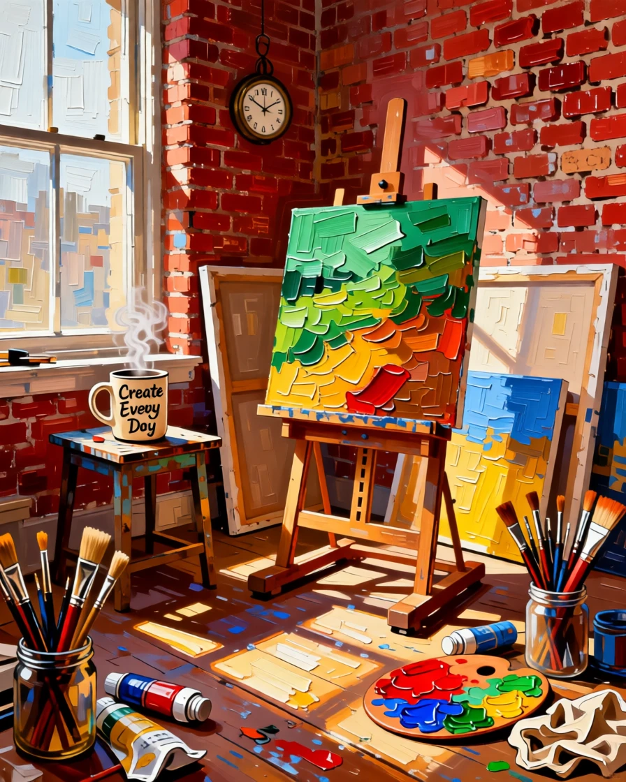 A cluttered but cozy artist's studio with canvases leaning against exposed brick walls