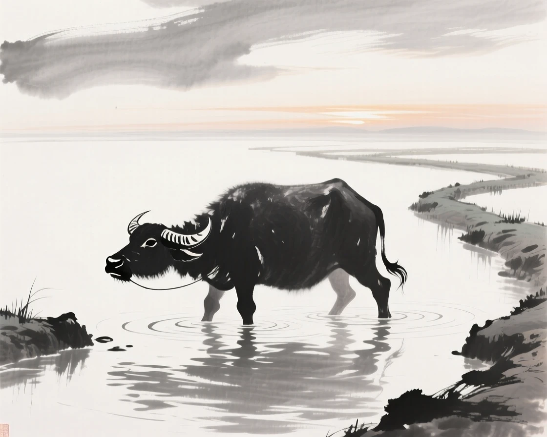 A water buffalo wades through a shallow irrigation channel, beneath a sky streaked with the colors of early morning.
