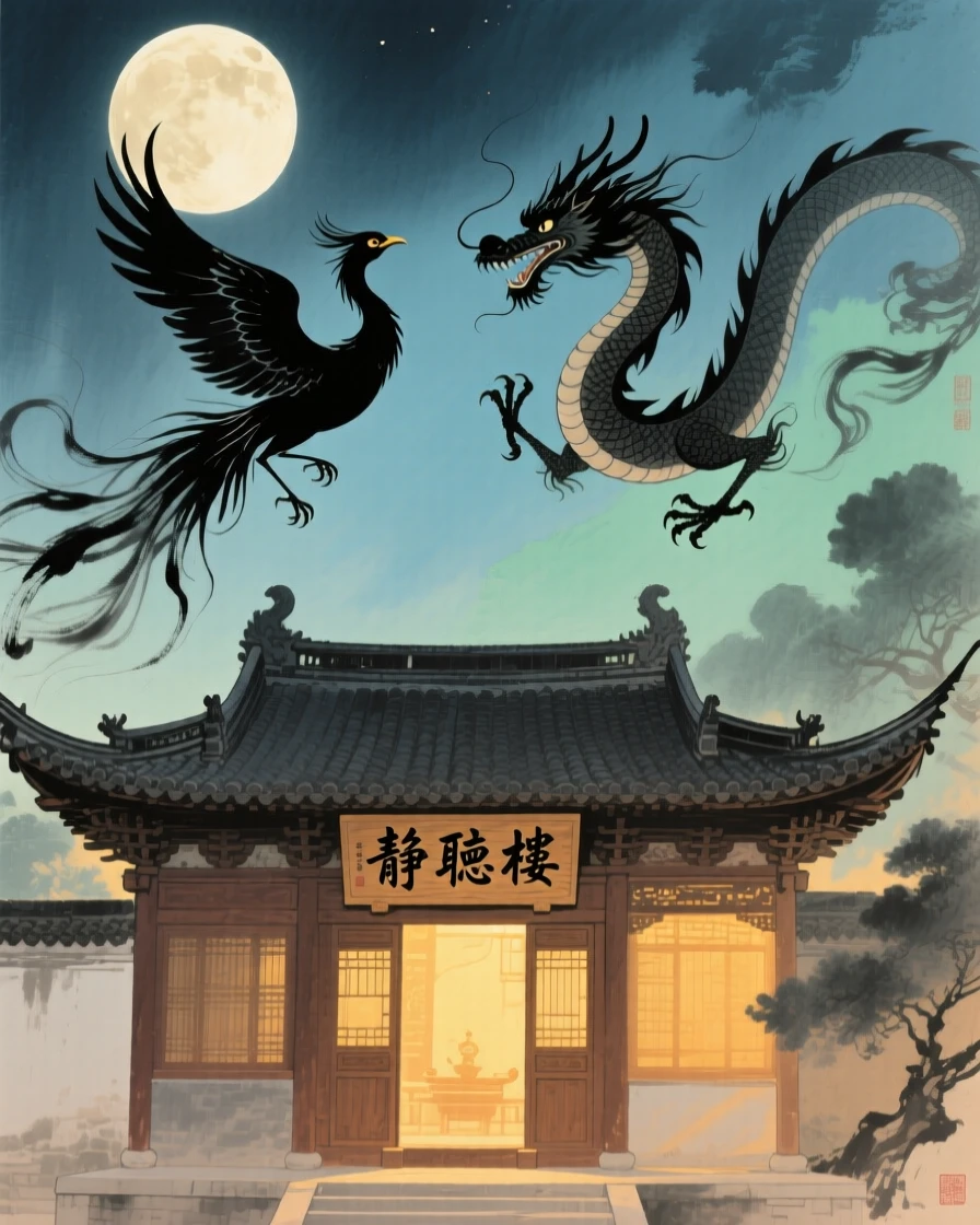 A phoenix and dragon circling above a temple bathed in golden light, under a full moon, radiating gentle serenity.