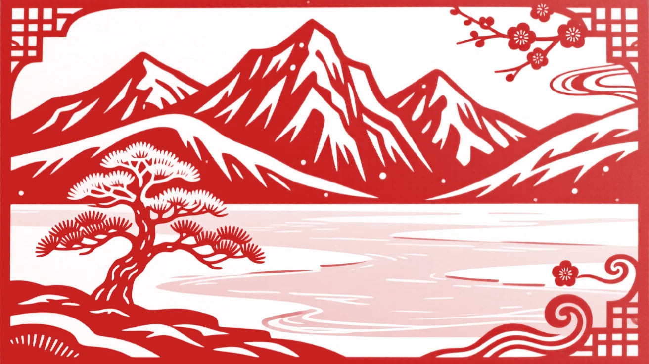 Snow-capped mountains rising above a frozen lake, a single pine tree standing at the shoreline dusted with fresh snow
