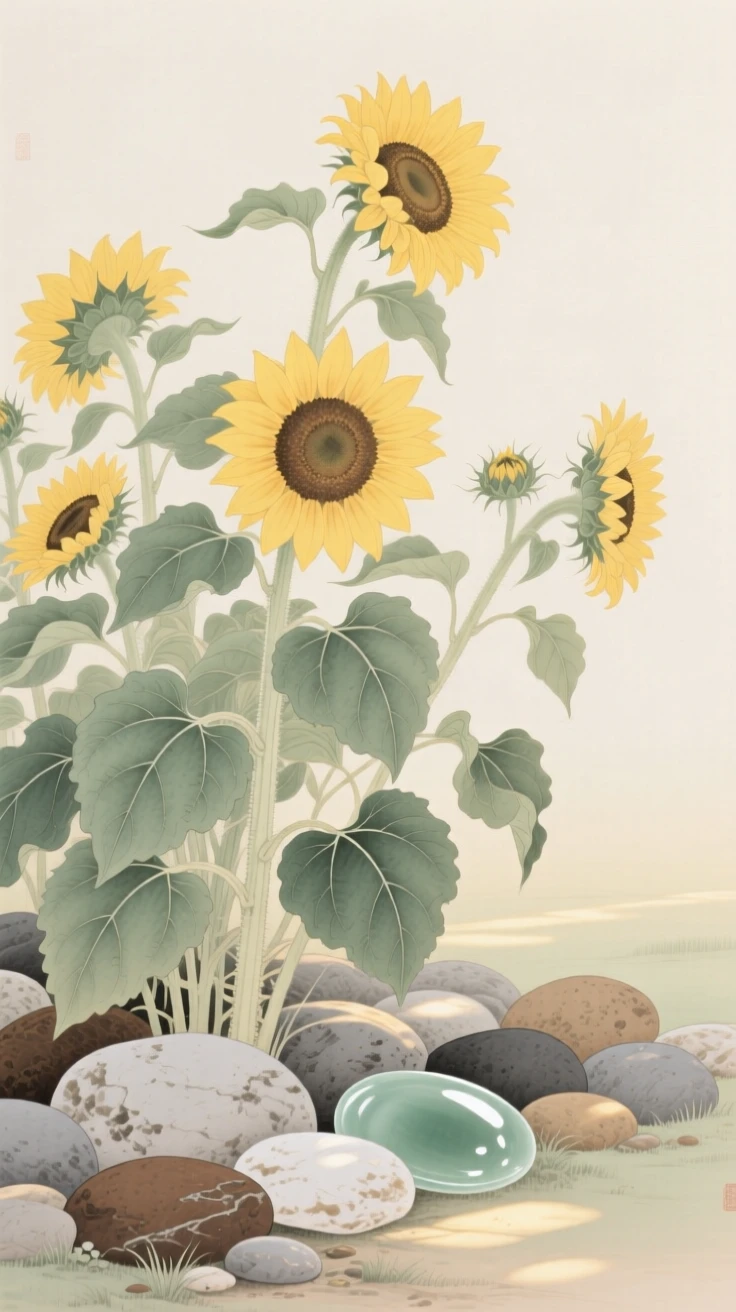 Sunflowers turning toward the afternoon light scattered across smooth garden stones