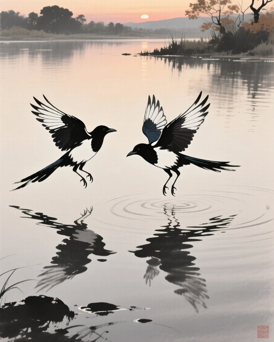 A pair of magpies skimming the surface of a quiet pond over rippling water at dusk, captured mid-motion with wings outstretched, suggesting renewal and the gentle passage of seasons.