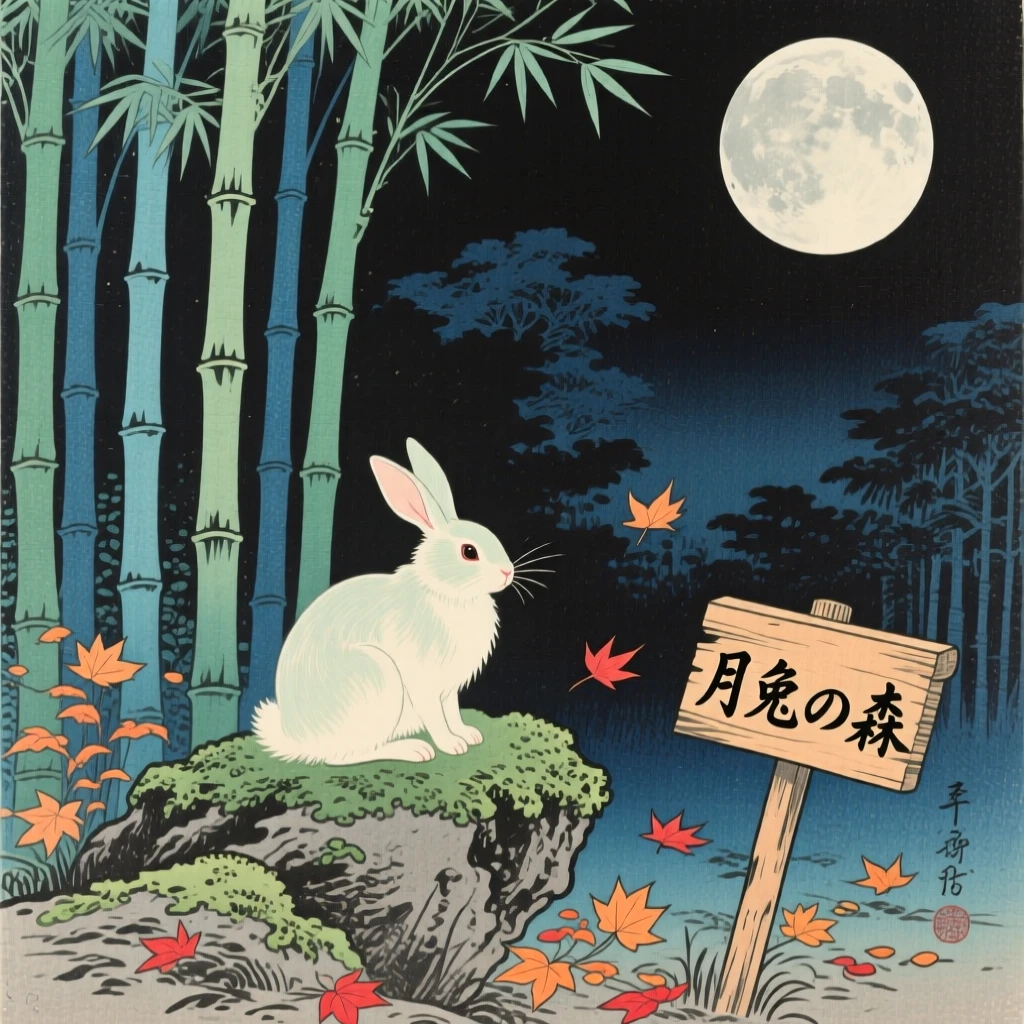A moon rabbit glowing faintly in a moonlit bamboo forest.
