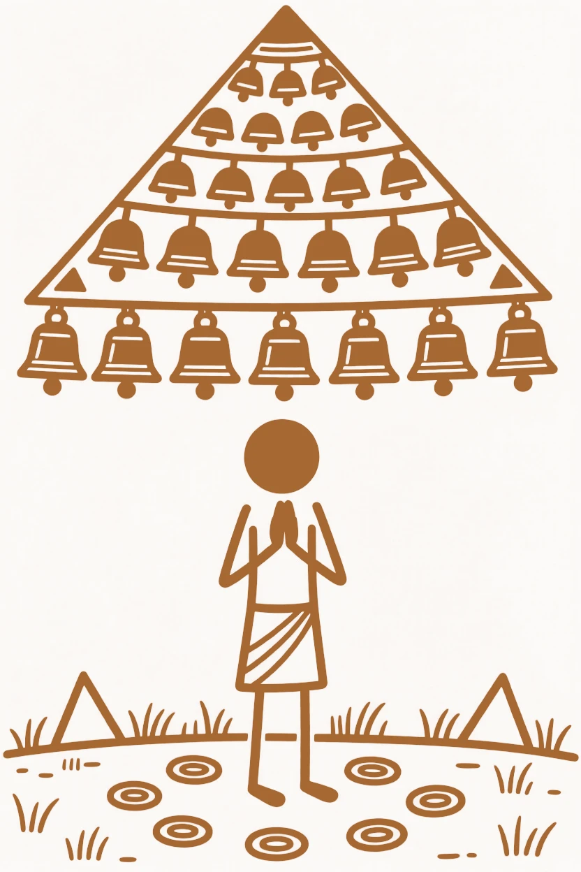 A lone devotee beneath a canopy of temple bells.