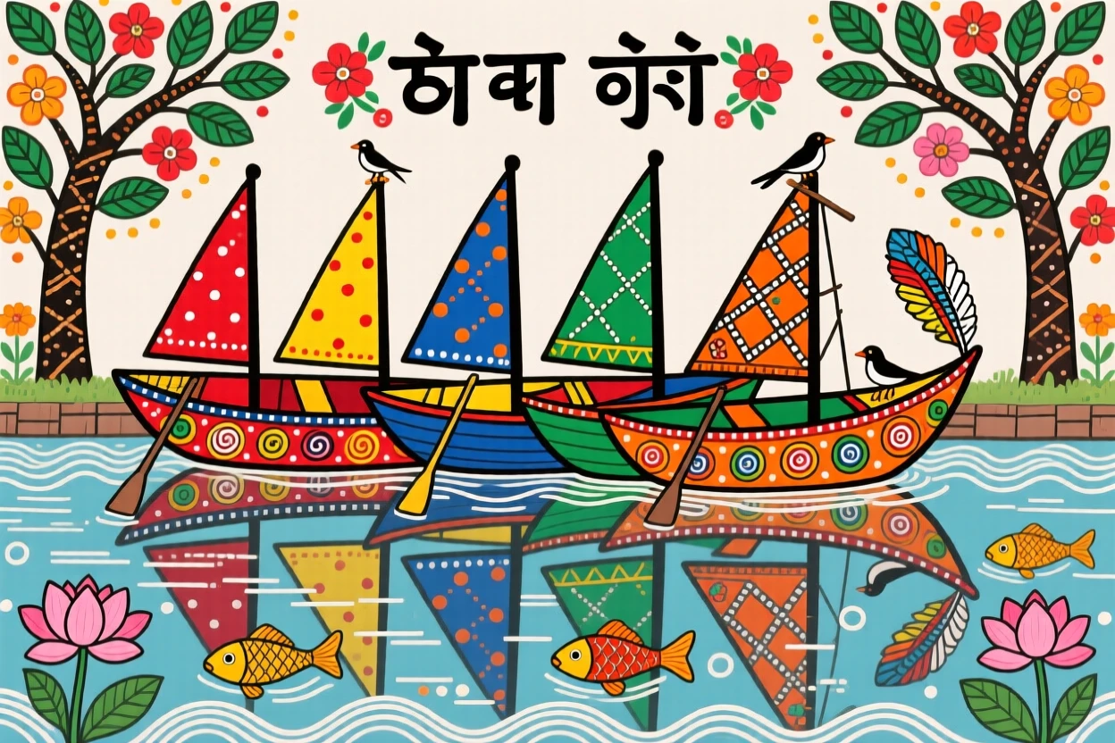 A row of colorful rowboats tied along a quiet canal.