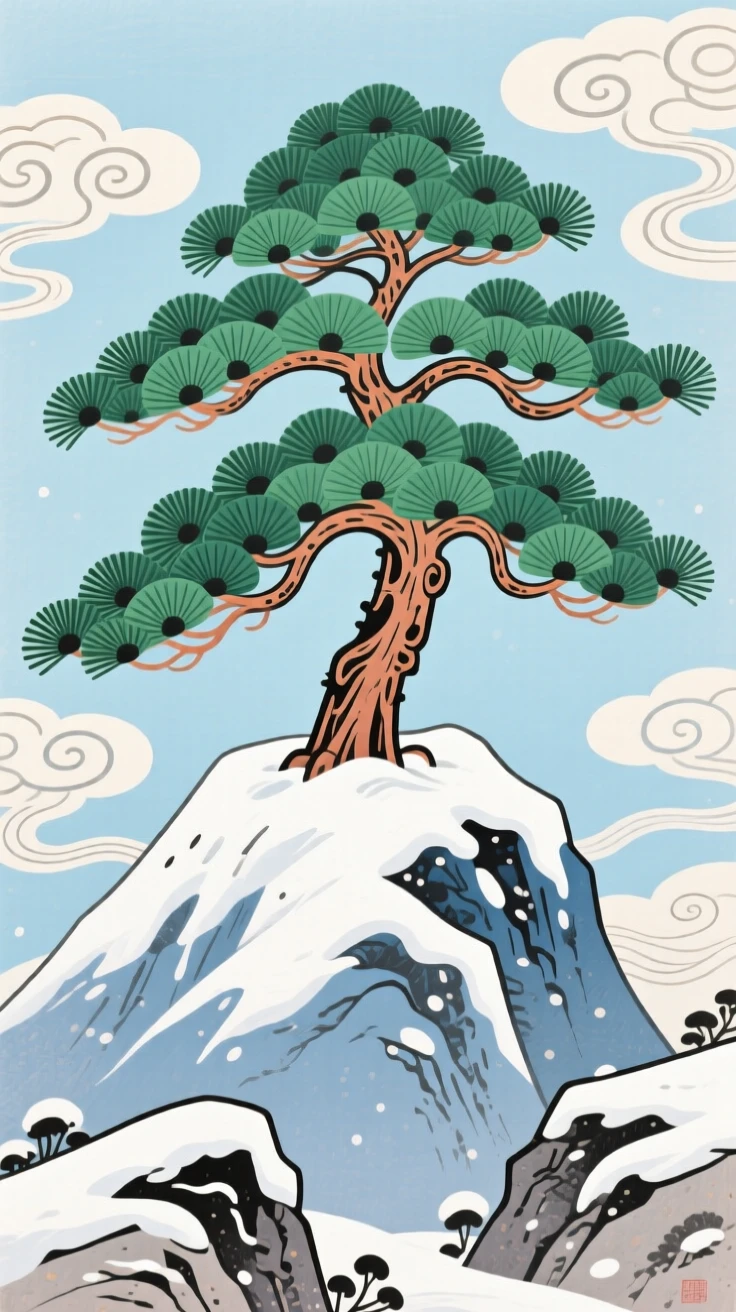 A single tall pine standing alone on a snowy peak, symbolizing quiet strength.