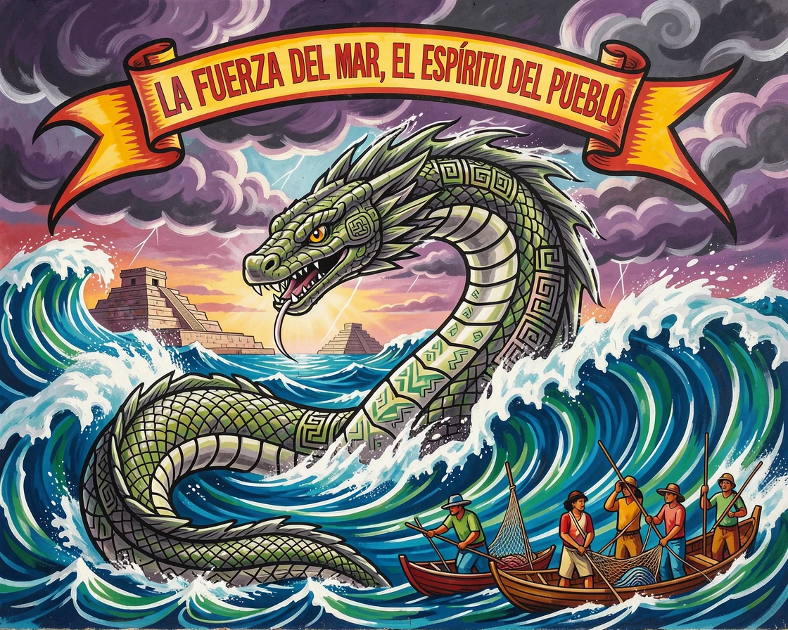 A sea serpent rising from stormy ocean waves