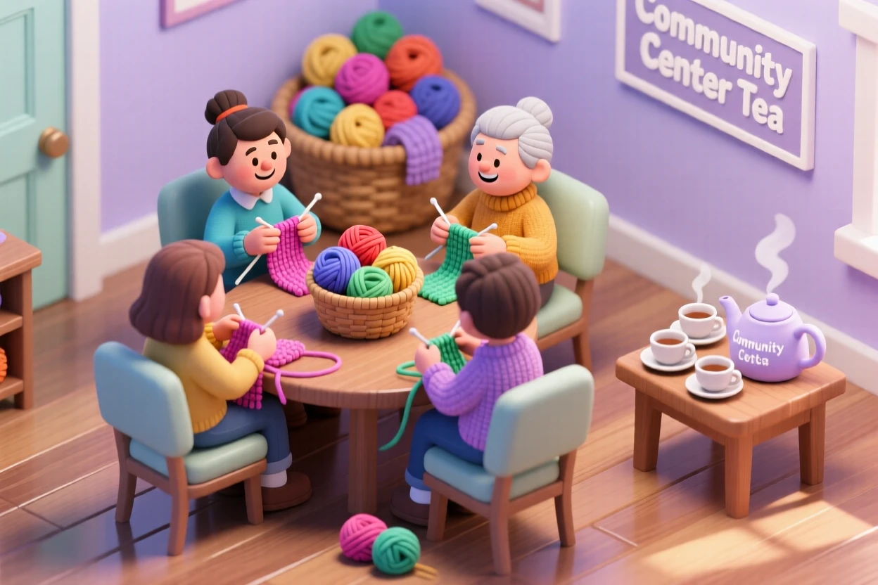 A cozy small-town knitting circle at the community center, colorful yarn piled high, and tea cups steaming on a side table.