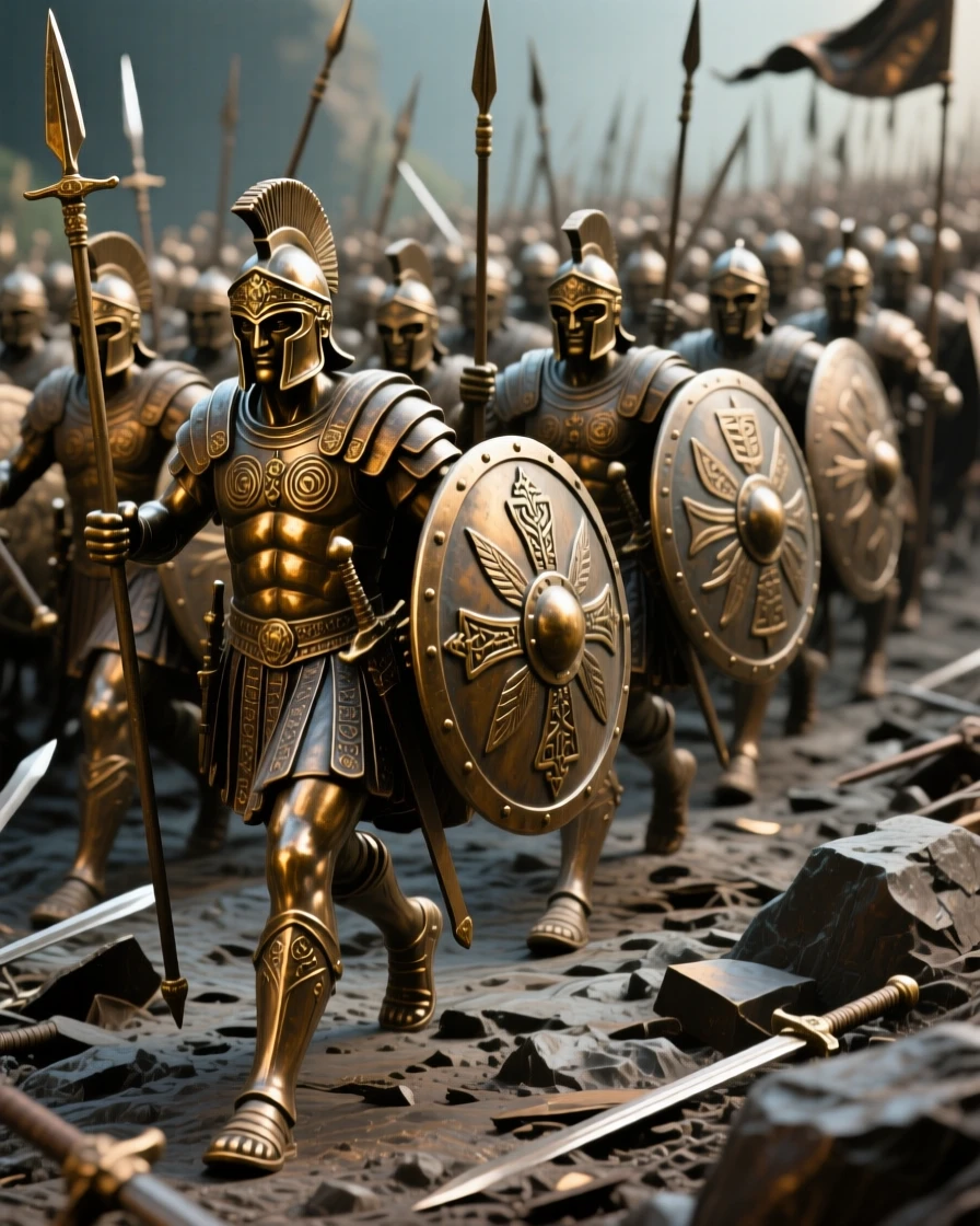 An army of ancient warriors marching into battle, with rich period detail and grandeur, evoking legend and timeless drama