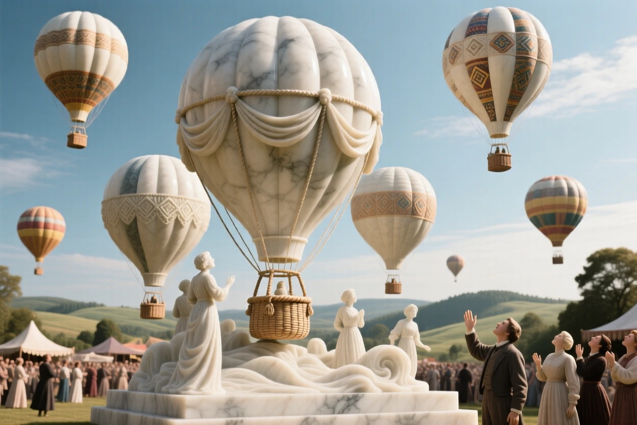 An evocative depiction of a hot-air balloon festival filling the sky with color, captured with cinematic depth and detail, balancing detail with emotional depth