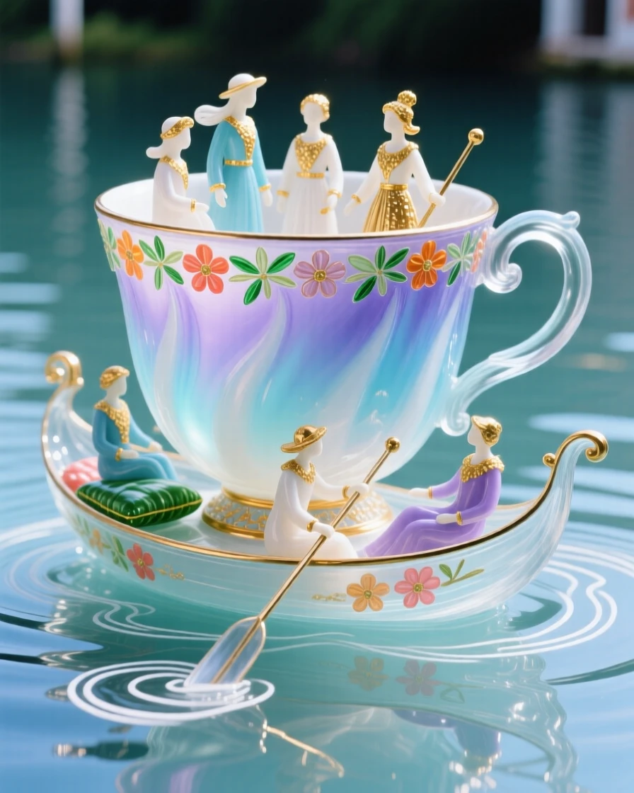 A giant teacup serving as a boat for tiny travelers on a calm lake, whimsical and charming.