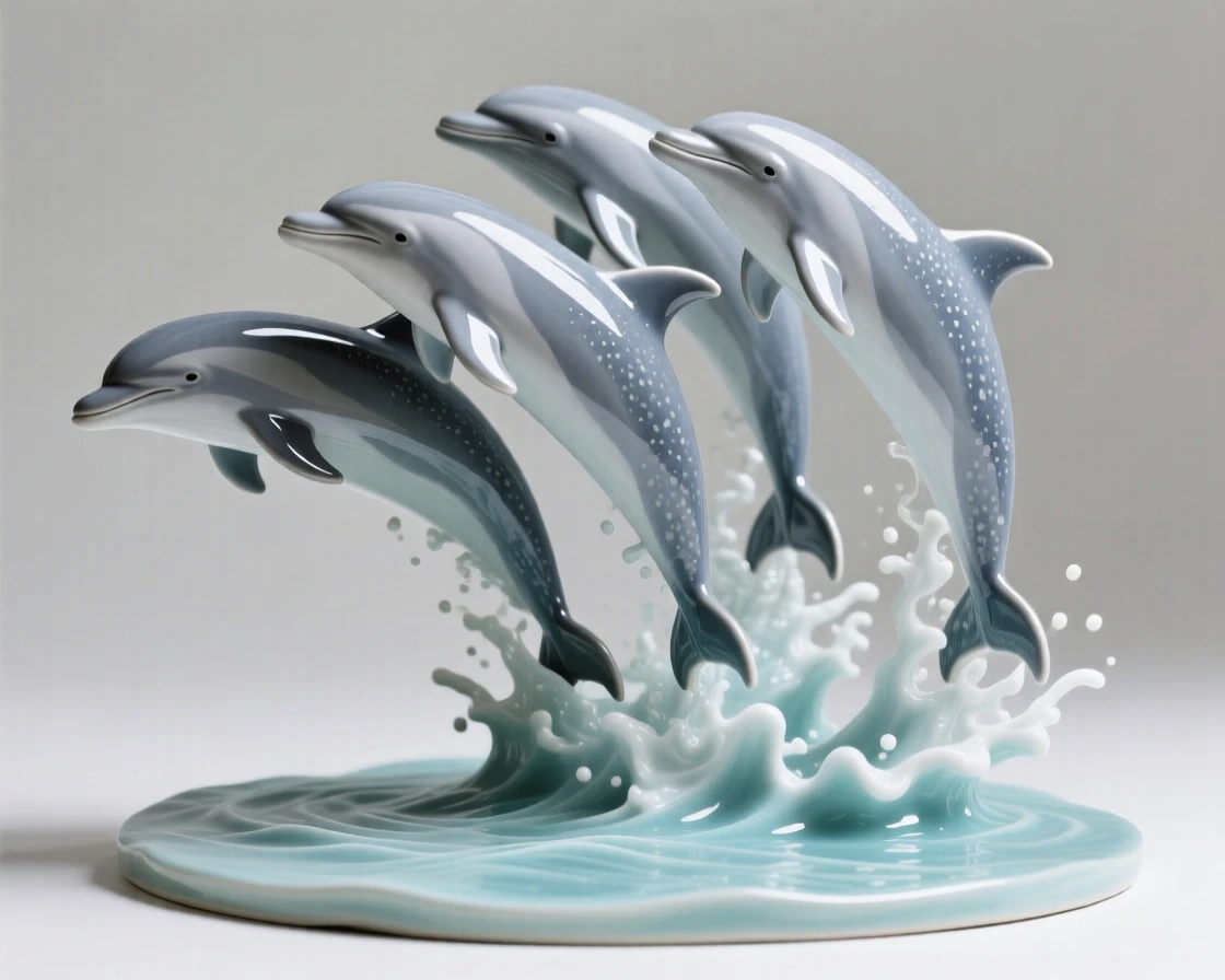 A pod of dolphins leaping in unison caught in a burst of playful motion, its surface dappled with shifting light patterns, capturing a fleeting moment of underwater grace.