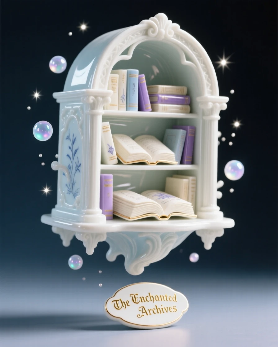 A magical floating library with glowing books, sparkling motes of light drifting through the air.