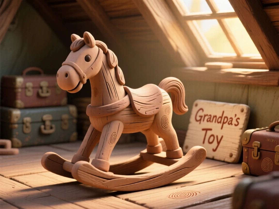 An old wooden rocking horse in a sunlit attic room
