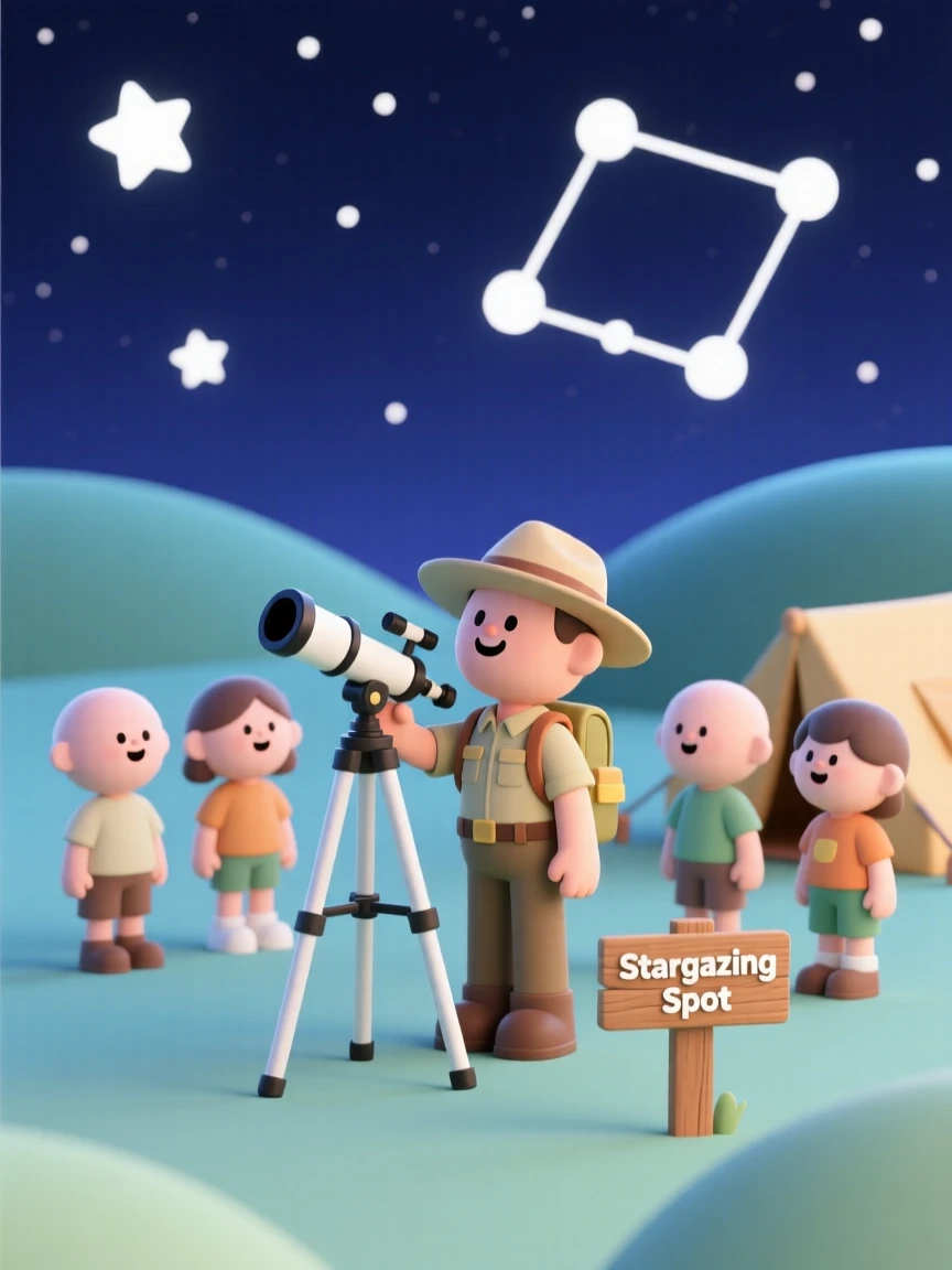 A cheerful campground ranger points out constellations through a telescope to a circle of amazed campers.