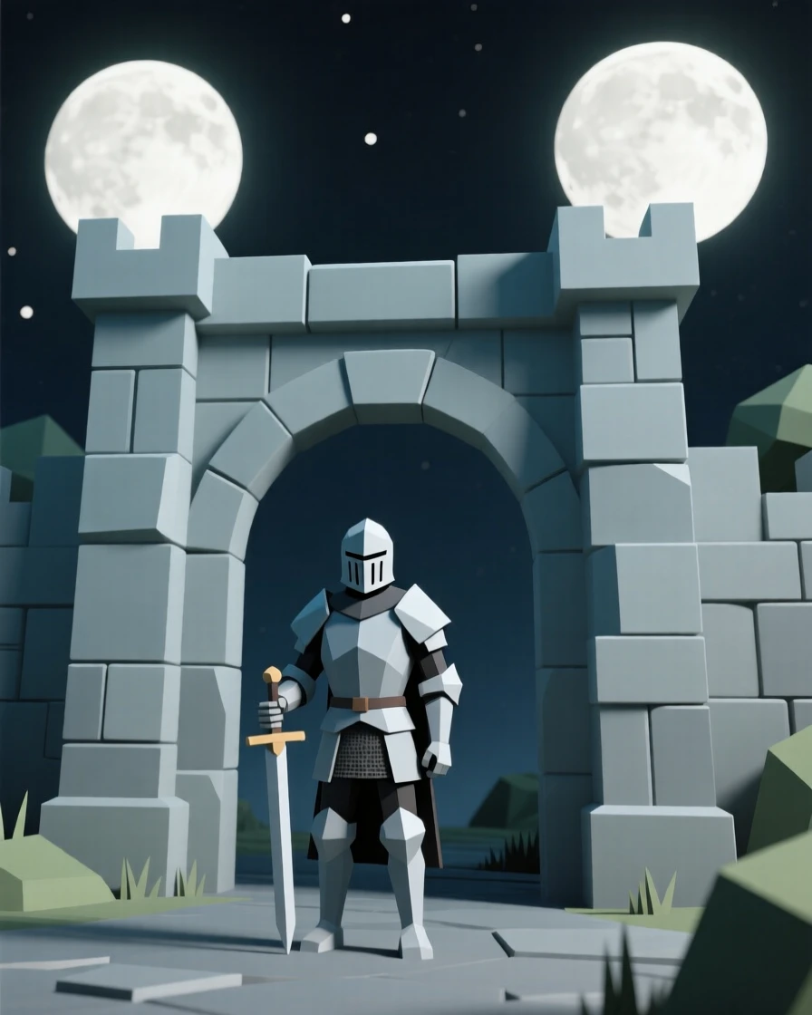 A knight standing before an ancient stone gate, beneath twin moons glowing in the night sky. the scale of the scene emphasizes its grandeur. A sense of quiet enchantment fills the air.