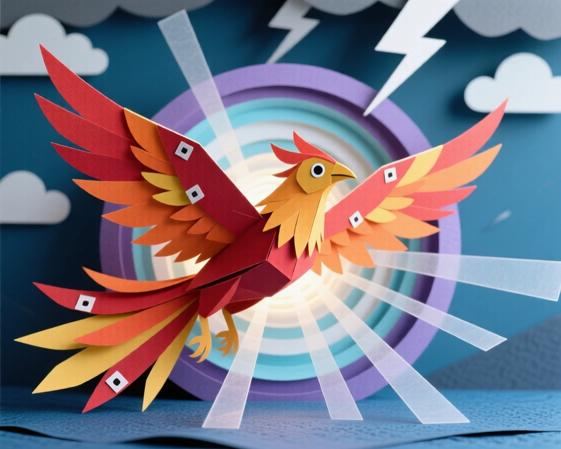 A phoenix in mid-flight emerging from a swirling portal of light, with distant thunder rumbling overhead, capturing dramatic tension and adventure.