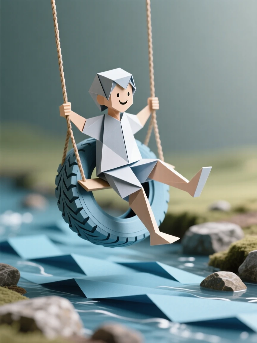 A child riding a tire swing over a creek, feet kicked up in delight.