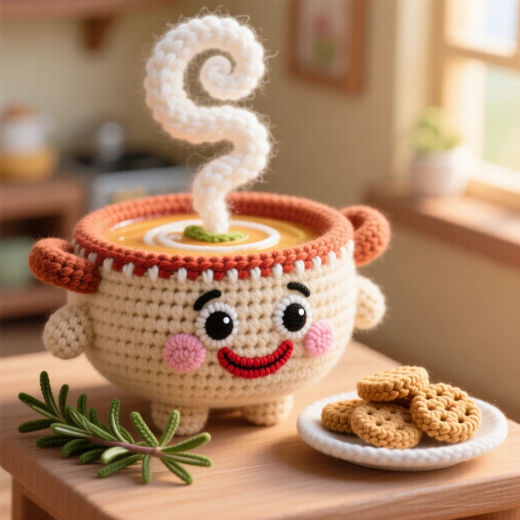 a smiling bowl of soup character, with a swirl of steam rising, is shown served with a small side of crackers on a cozy breakfast nook bathed in morning light beside a sprig of fresh herbs as garnish, capturing bright, appetizing cheerfulness.