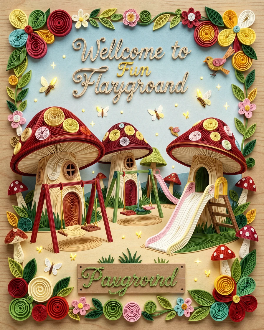 A whimsical children's scene of a tiny village of mushroom houses with round windows on a sunny playground with swings and slides, with tiny glowing fireflies scattered about, framed with charming small details scattered throughout.