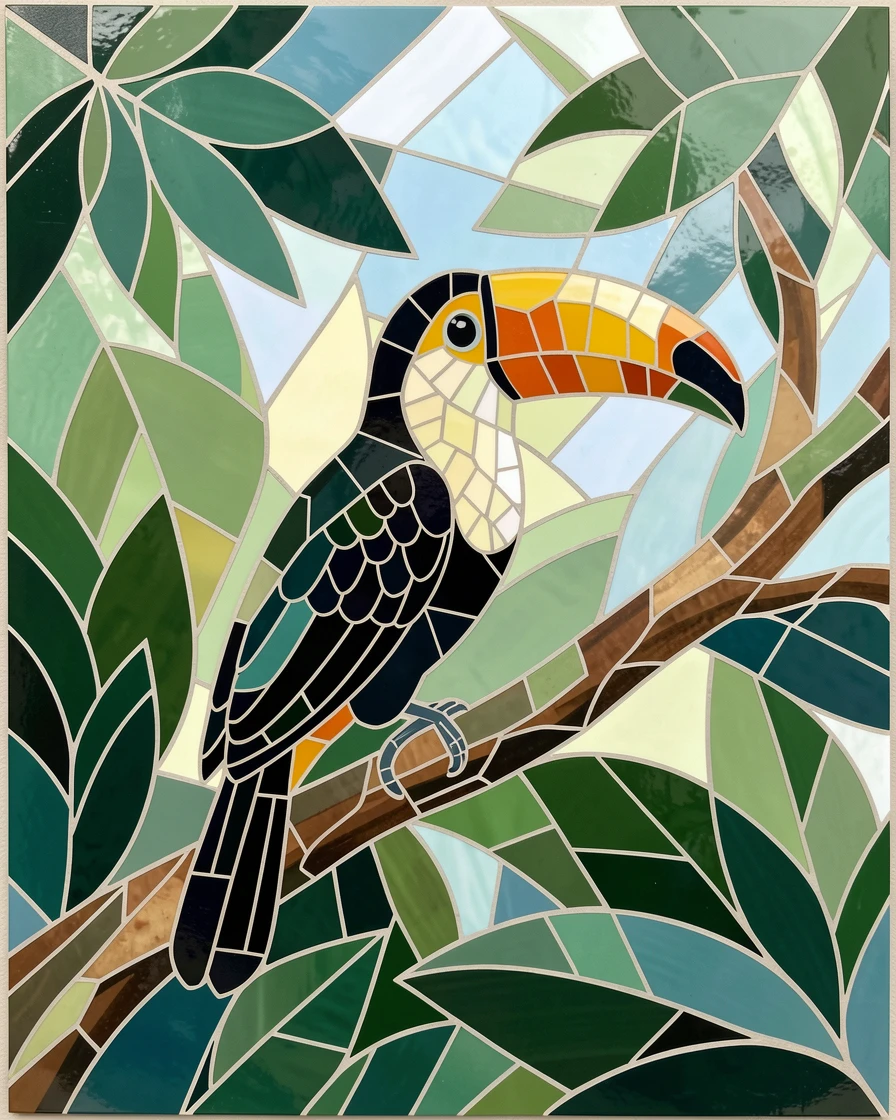 A toucan resting on a branch in a lush rainforest canopy, captured in soft natural light with a shallow depth of field.
