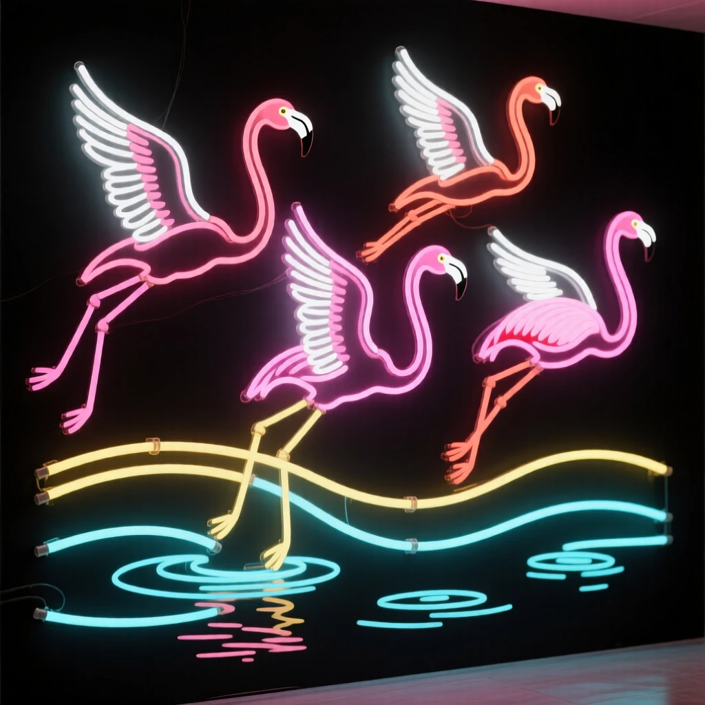 A flamboyance of flamingos taking flight from a shallow lake.
