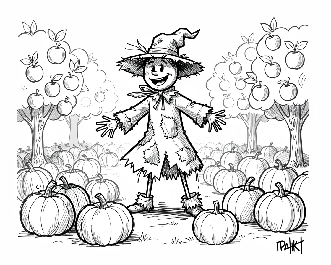 A scarecrow standing in a pumpkin patch in an orchard during apple season.