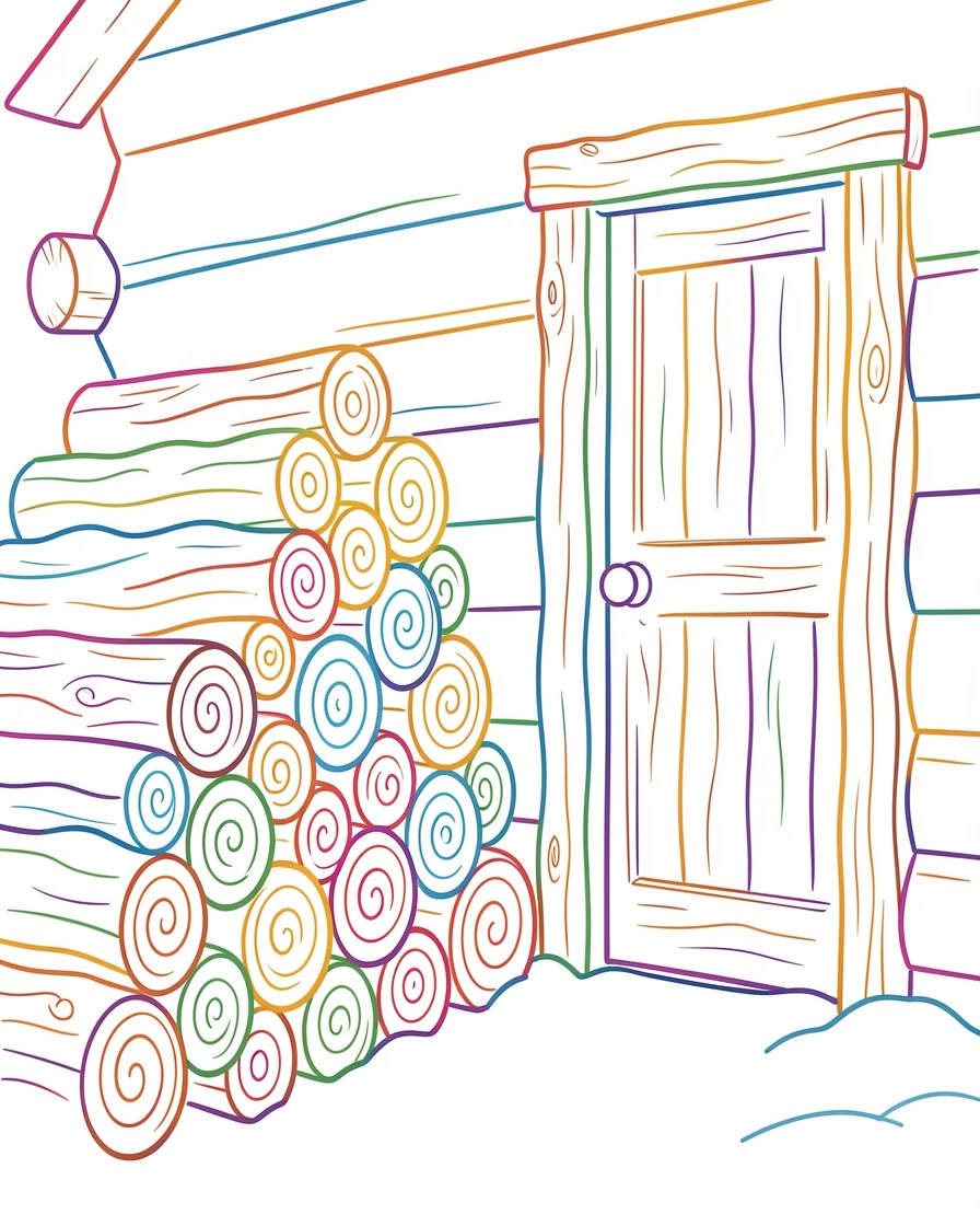 A stack of firewood beside a rustic cabin door in winter.