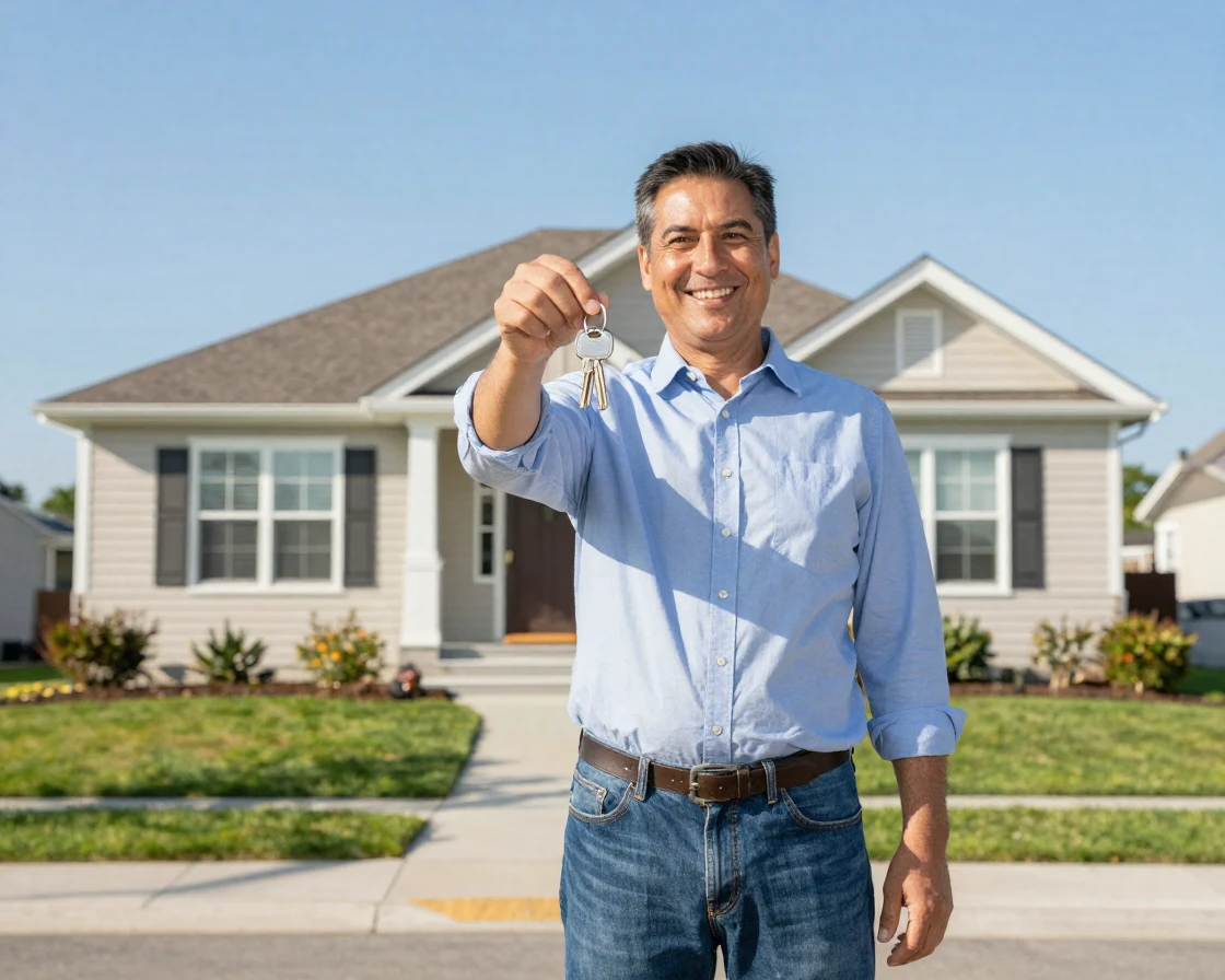 A proud new homeowner holding keys in front of their house