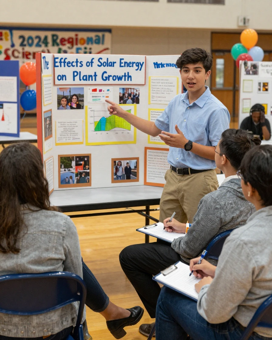 A student presents a science fair project to a panel of judges with visible pride.