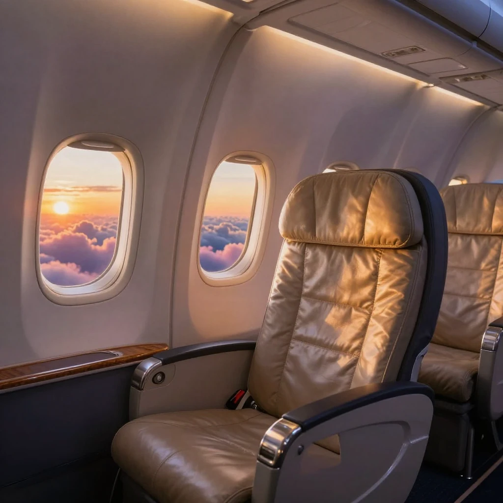 A first-class cabin with panoramic windows overlooking clouds at sunset