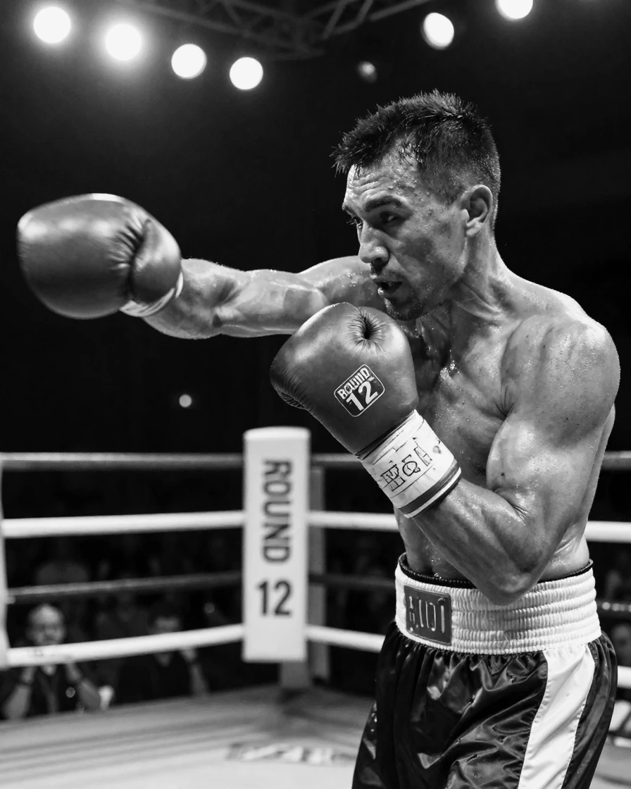 A boxer throws a decisive final punch under bright ring lights.
