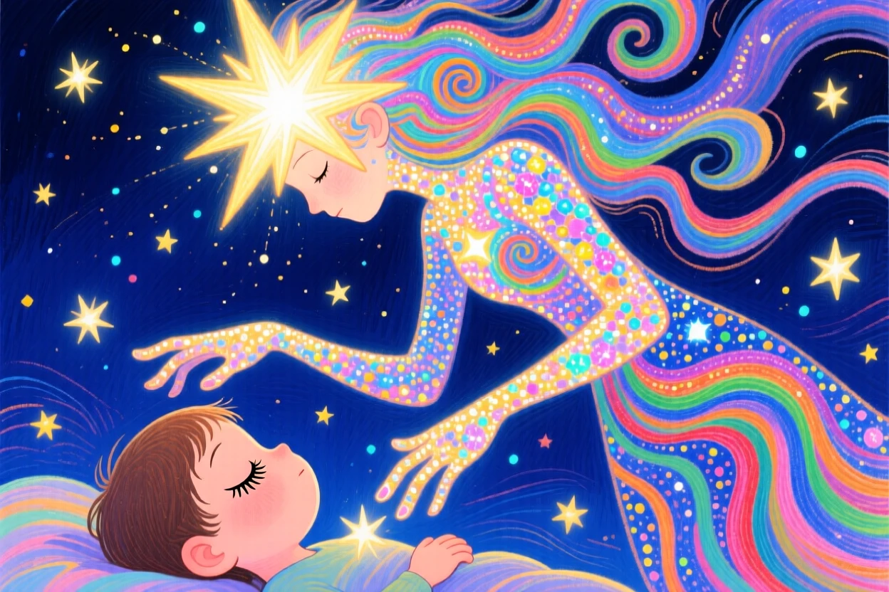 A celestial being made of stardust reaching down to touch a sleeping child's dreams.