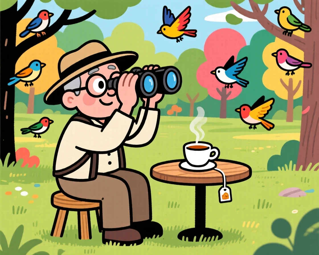 An everyday-life snapshot of a devoted birdwatcher, completely absorbed in the middle of their favorite hobby, with a cup of tea cooling nearby.