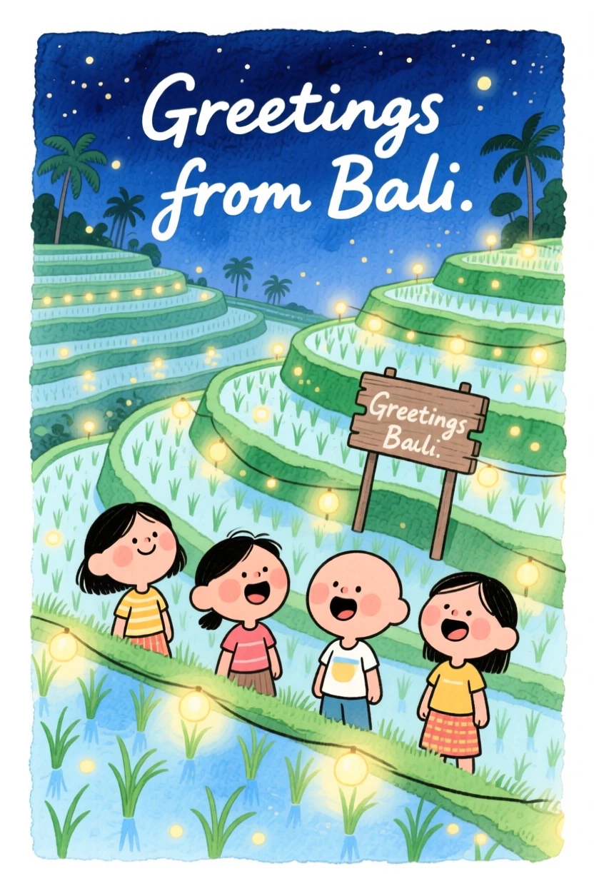A dreamy travel postcard scene of a rice terrace in Bali glowing under twinkling evening lights