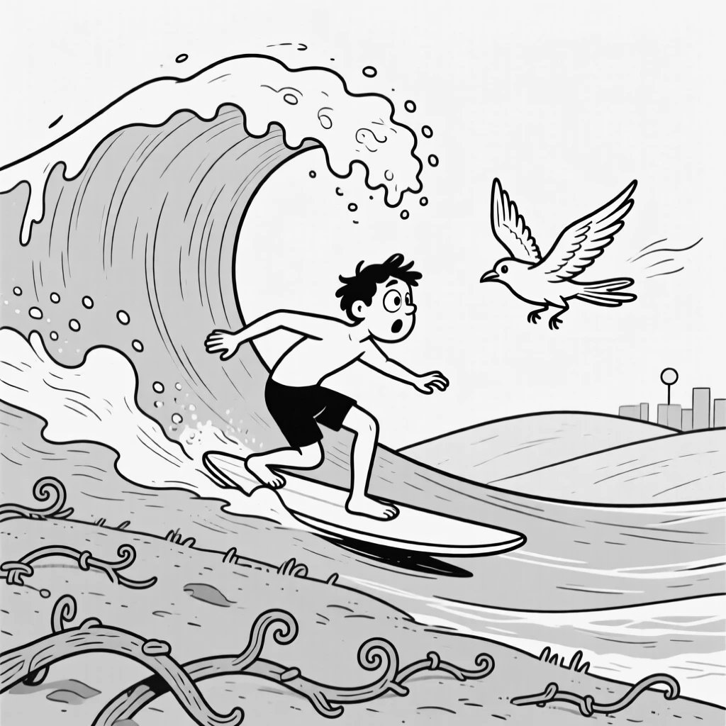 A surfer racing a wave that towers overhead, ducking as wings flap past a startled face, set atop a hill far from city lights. Vines with curling tendrils spread across the ground. The scene celebrates nature's simple, joyful surprises.